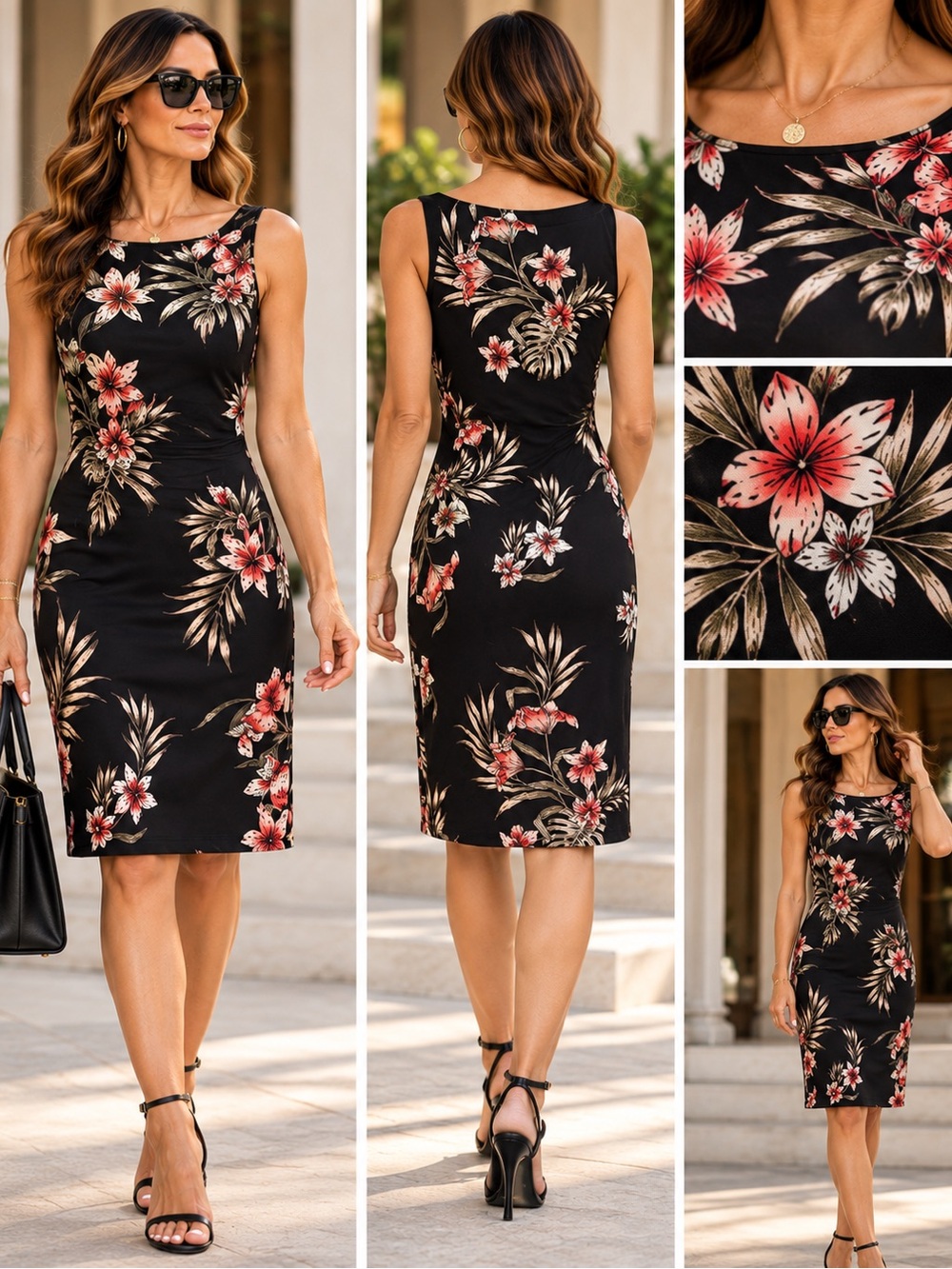 White House Black Market Black Midi Dress with Pink Floral Print